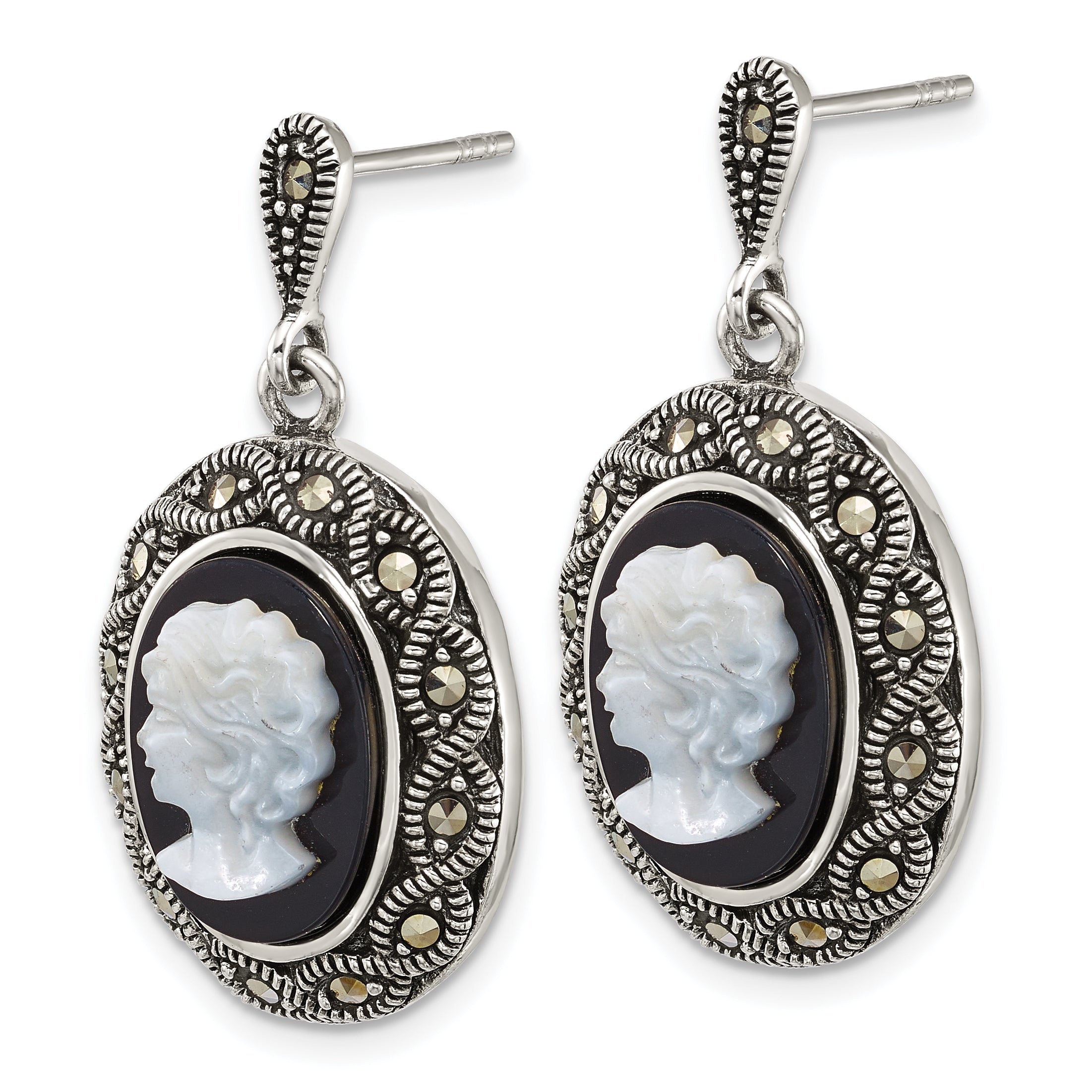 Sterling Silver Antiqued Marcasite with Black Agate and Mother of Pearl Cameo Dangle Post Earrings
