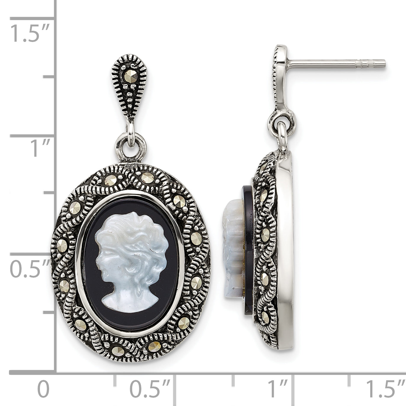 Sterling Silver Antiqued Marcasite with Black Agate and Mother of Pearl Cameo Dangle Post Earrings