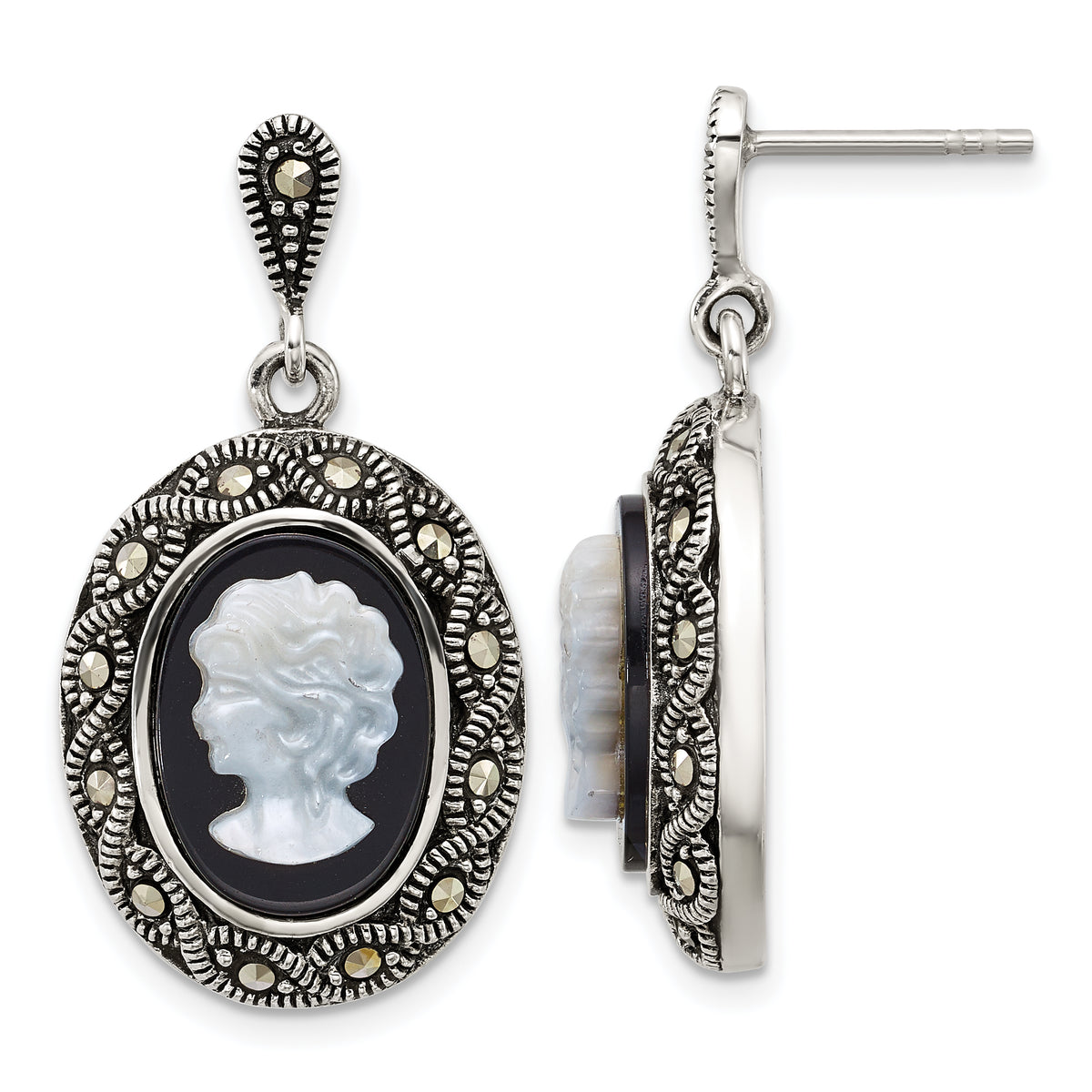 Sterling Silver Antiqued Marcasite with Black Agate and Mother of Pearl Cameo Dangle Post Earrings