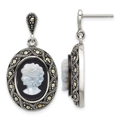 Sterling Silver Antiqued Marcasite with Black Agate and Mother of Pearl Cameo Dangle Post Earrings