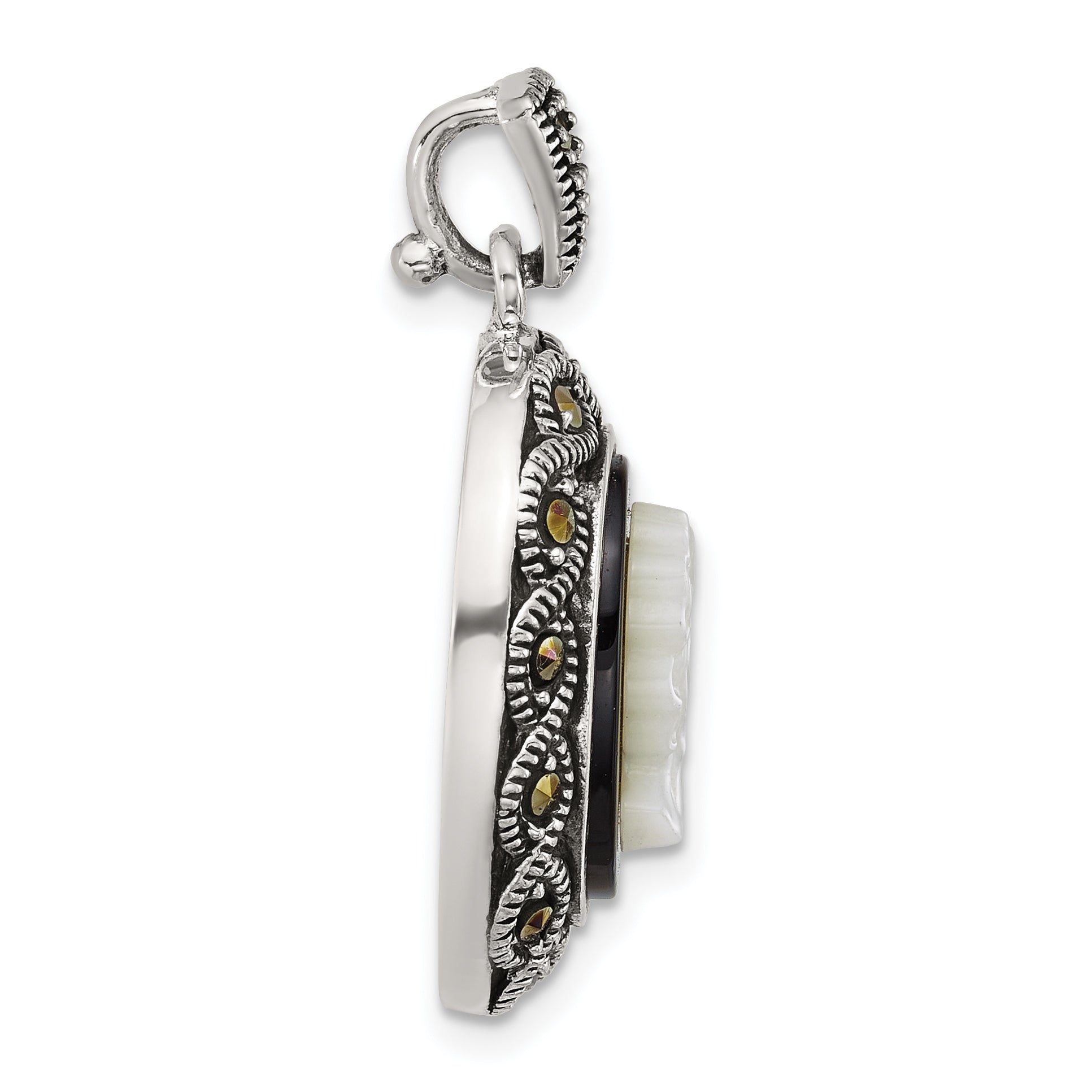 Sterling Silver Antiqued Marcasite with Black Agate and Mother of Pearl Cameo Pendant Secondary image