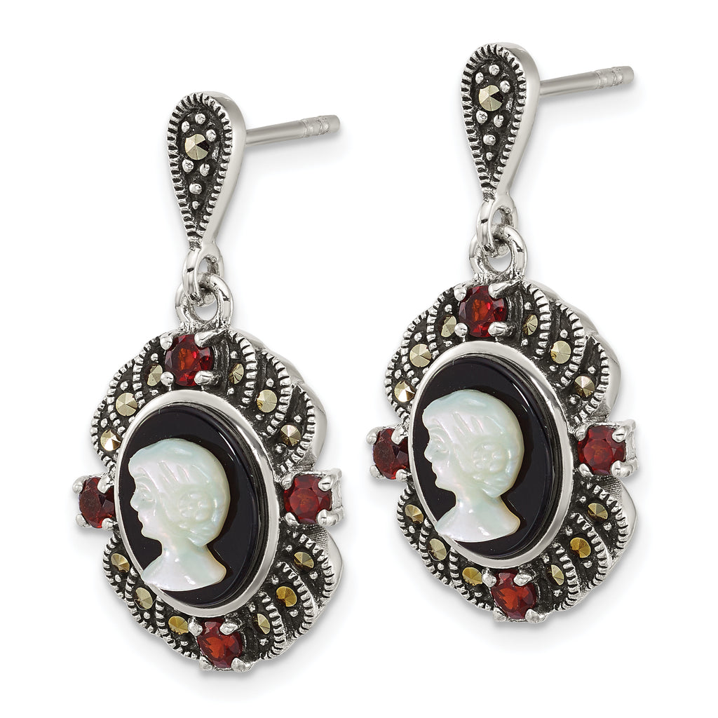 Sterling Silver Antiqued Marcasite and Garnet with Black Agate and Mother of Pearl Cameo Dangle Post Earrings