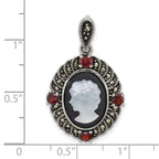 Sterling Silver Antiqued Marcasite and Garnet with Black Agate and Mother of Pearl Cameo Pendant