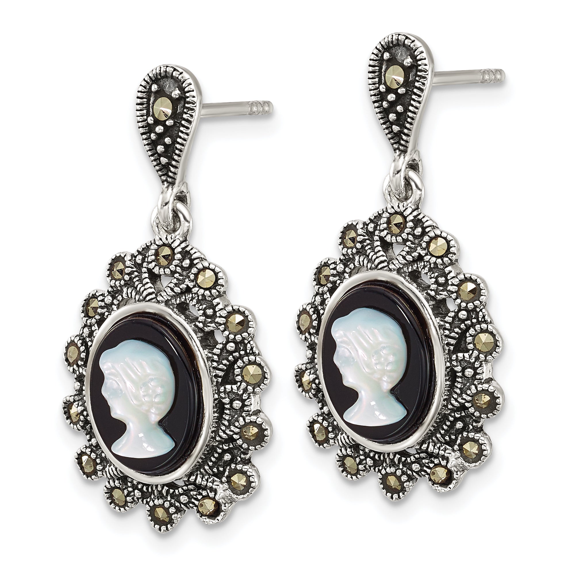 Sterling Silver Antiqued Marcasite with Black Agate and Mother of Pearl Cameo Dangle Post Earrings