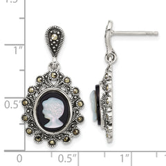 Sterling Silver Antiqued Marcasite with Black Agate and Mother of Pearl Cameo Dangle Post Earrings