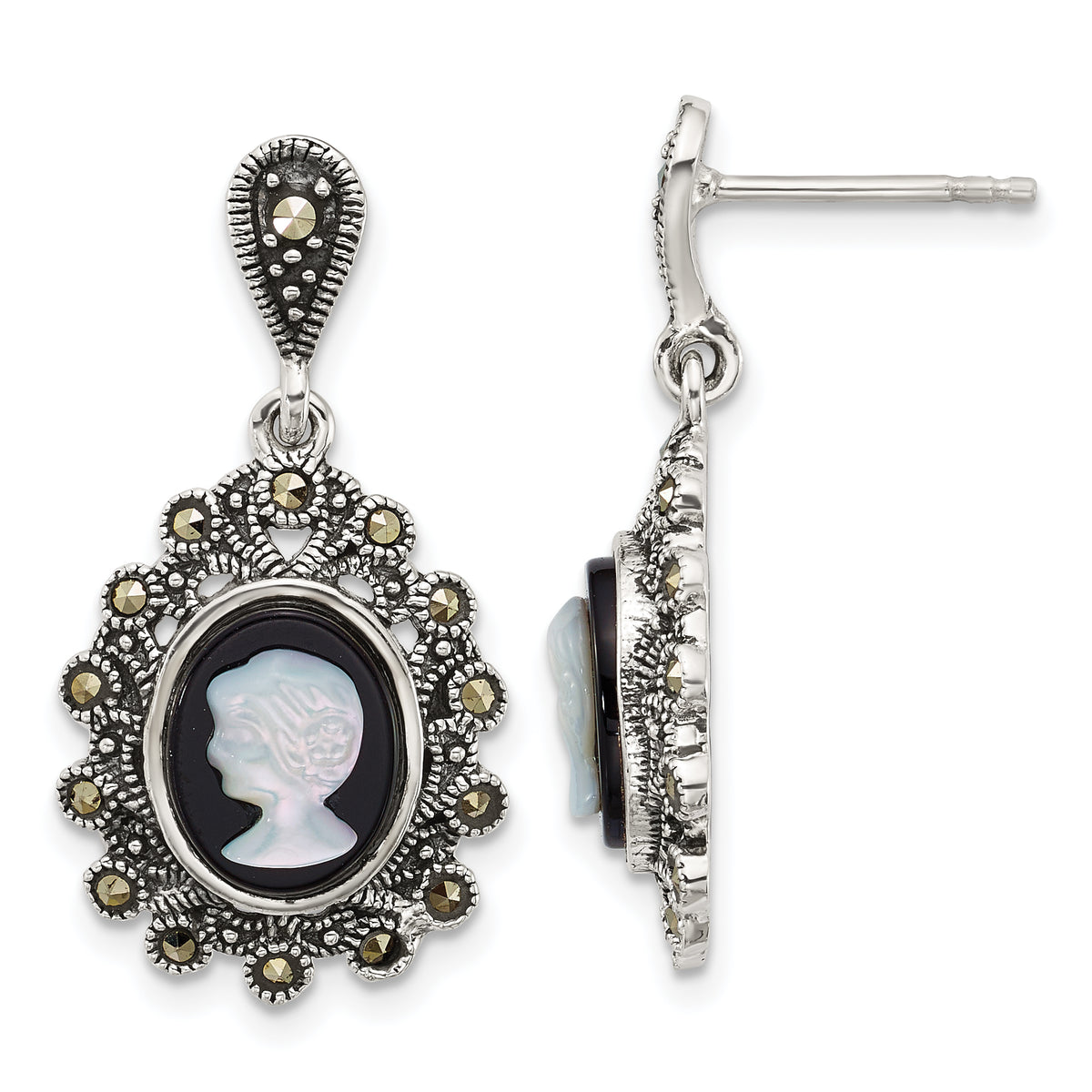 Sterling Silver Antiqued Marcasite with Black Agate and Mother of Pearl Cameo Dangle Post Earrings
