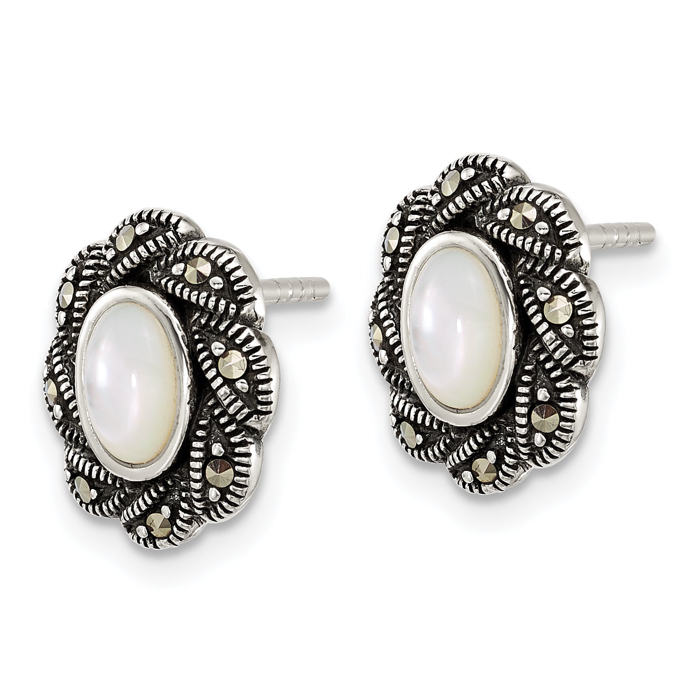 Sterling Silver Antiqued Marcasite and Mother of Pearl Oval Fancy Post Earrings Secondary image