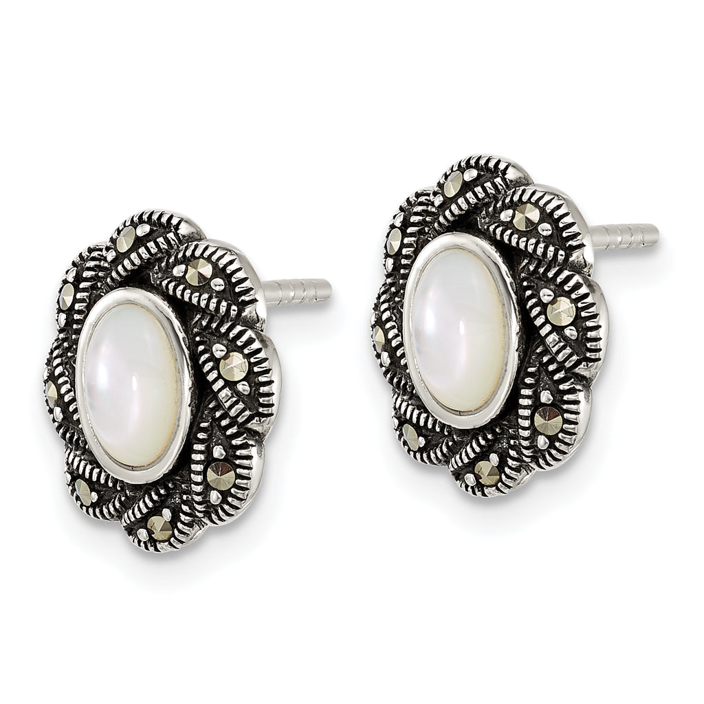 Sterling Silver Antiqued Marcasite and Mother of Pearl Oval Fancy Post Earrings