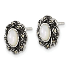 Sterling Silver Antiqued Marcasite and Mother of Pearl Oval Fancy Post Earrings