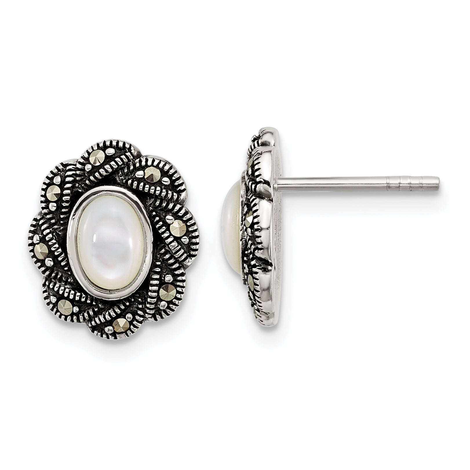 Sterling Silver Antiqued Marcasite and Mother of Pearl Oval Fancy Post Earrings