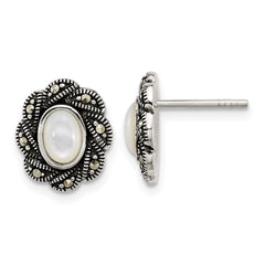 Sterling Silver Antiqued Marcasite and Mother of Pearl Oval Fancy Post Earrings