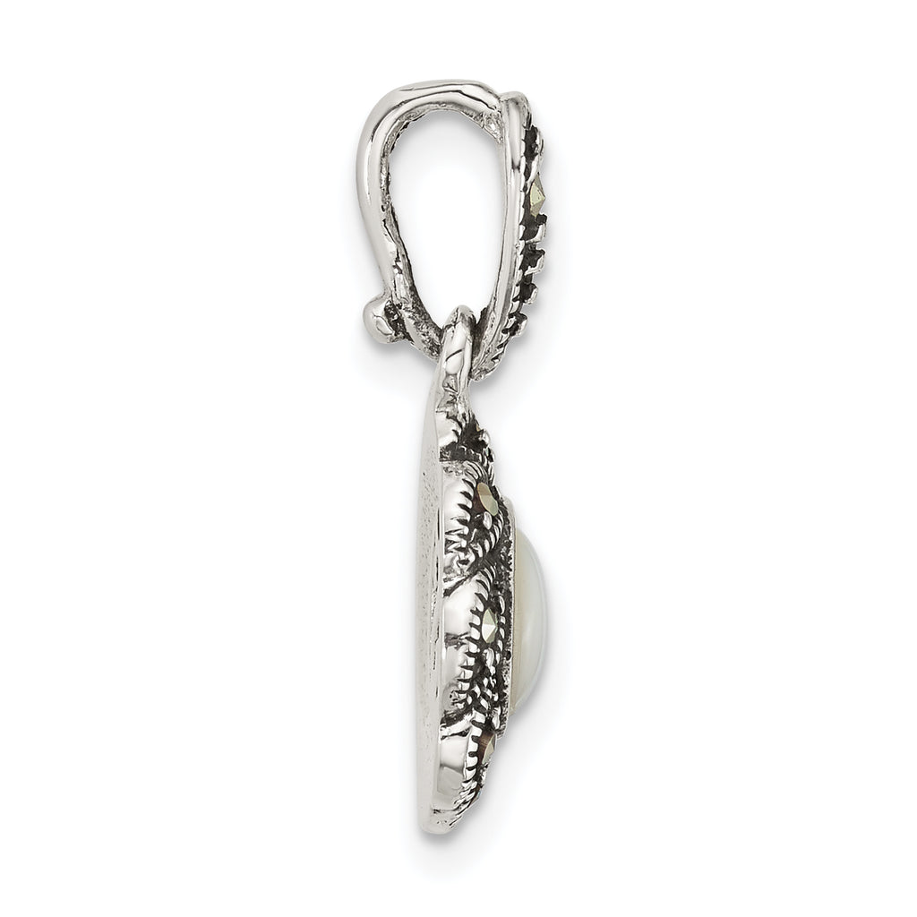 Sterling Silver Antiqued Marcasite and Mother of Pearl Oval Fancy Pendant