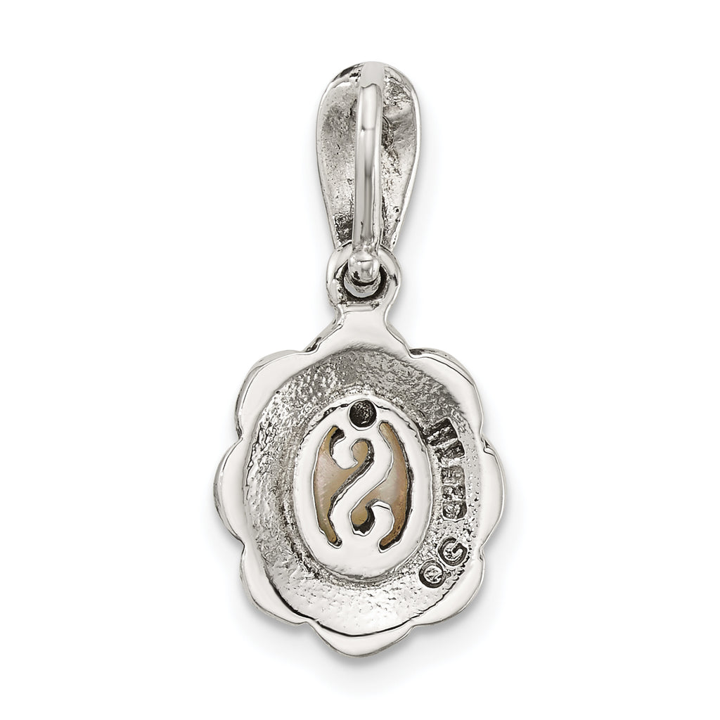 Sterling Silver Antiqued Marcasite and Mother of Pearl Oval Fancy Pendant