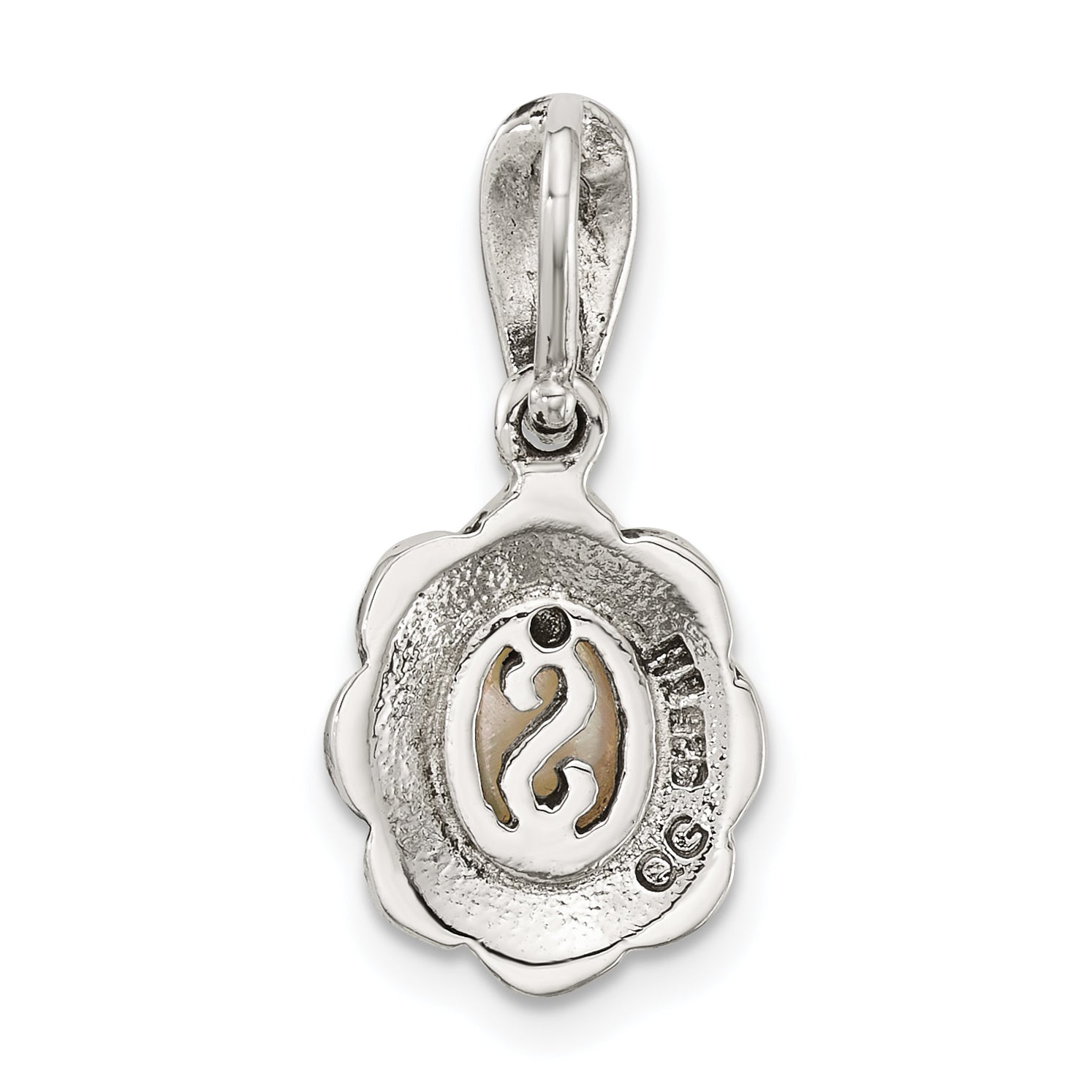 Sterling Silver Antiqued Marcasite and Mother of Pearl Oval Fancy Pendant