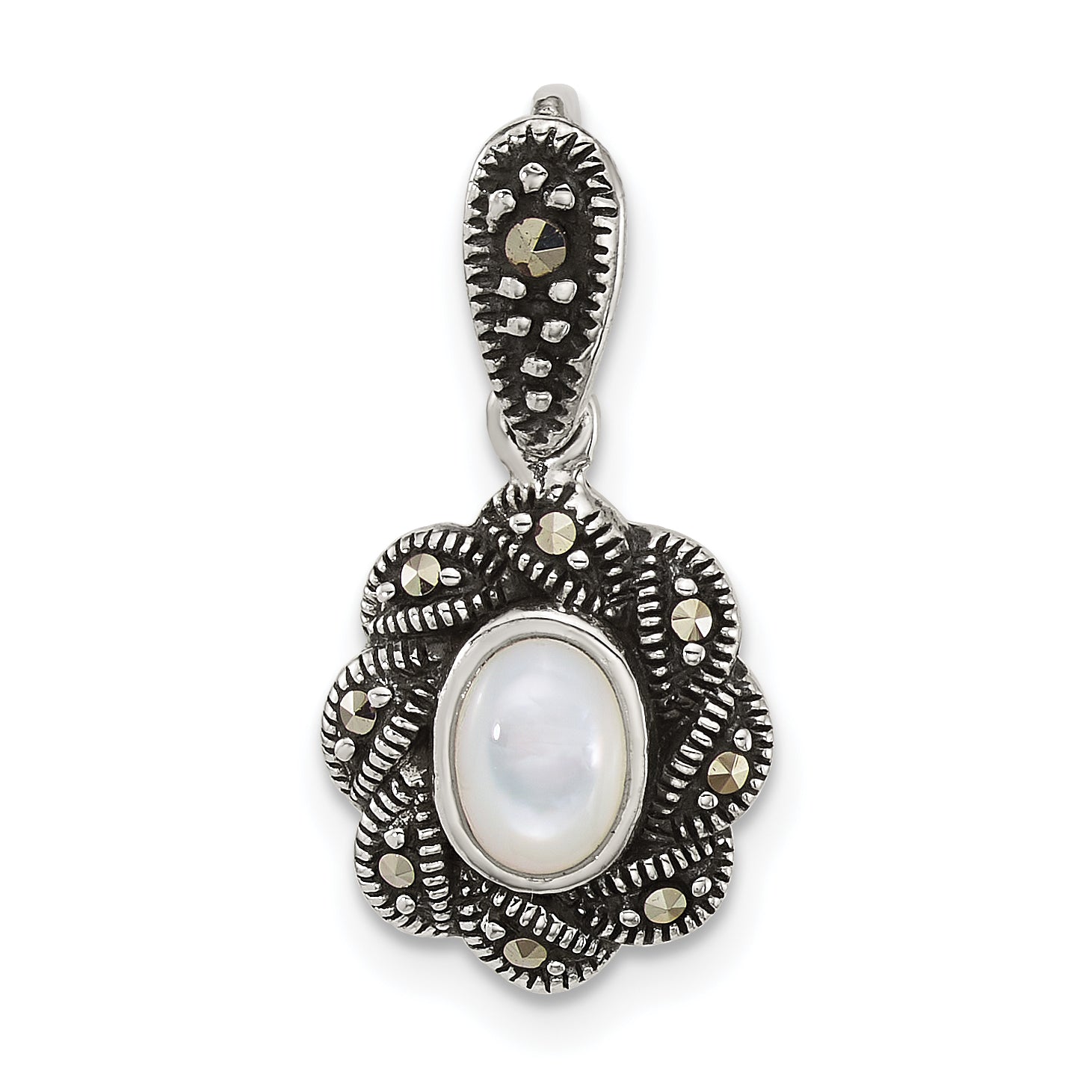 Sterling Silver Antiqued Marcasite and Mother of Pearl Oval Fancy Pendant Main image