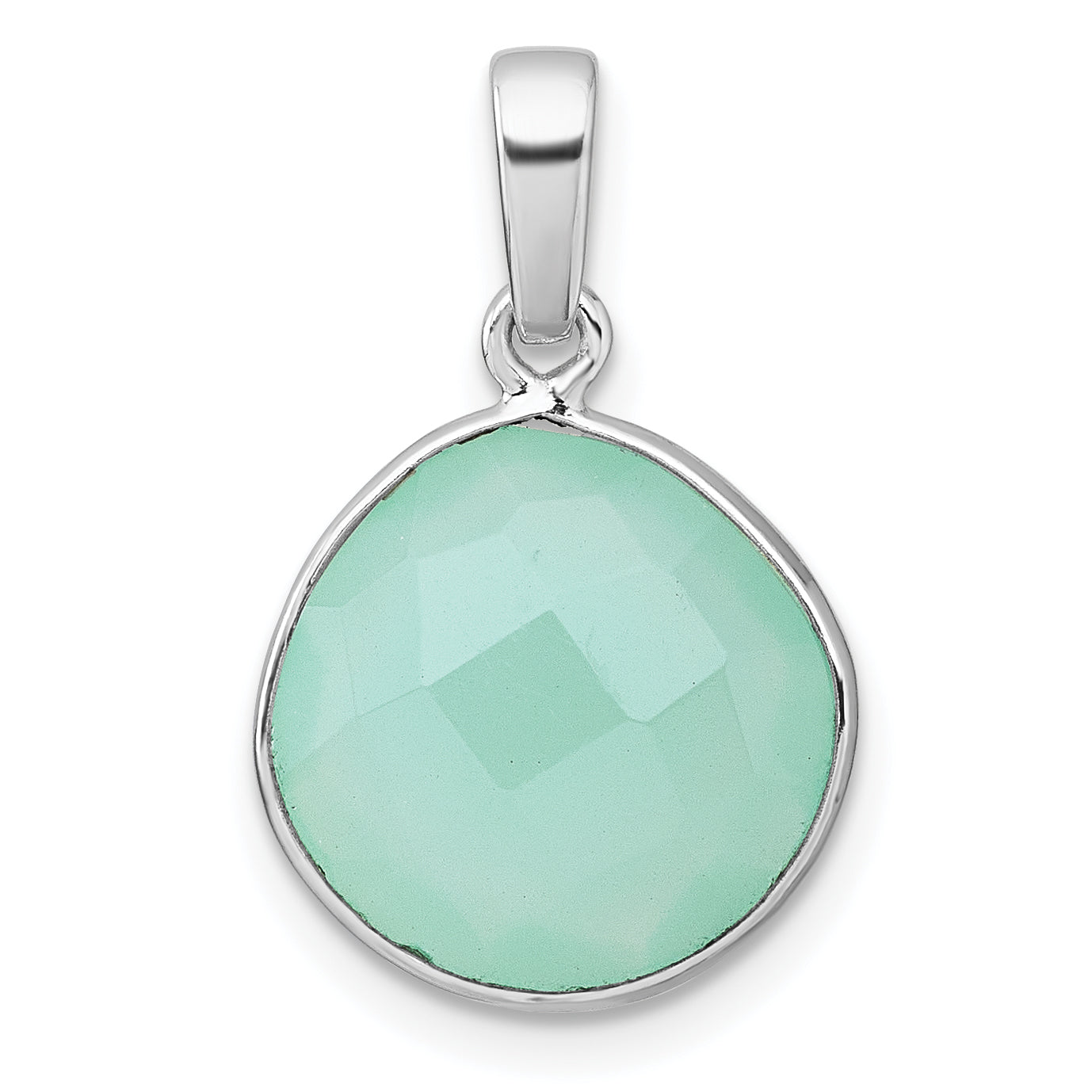 Sterling Silver Rhodium-plated Polished Round Checker-cut Green Chalcedony Pendant Main image