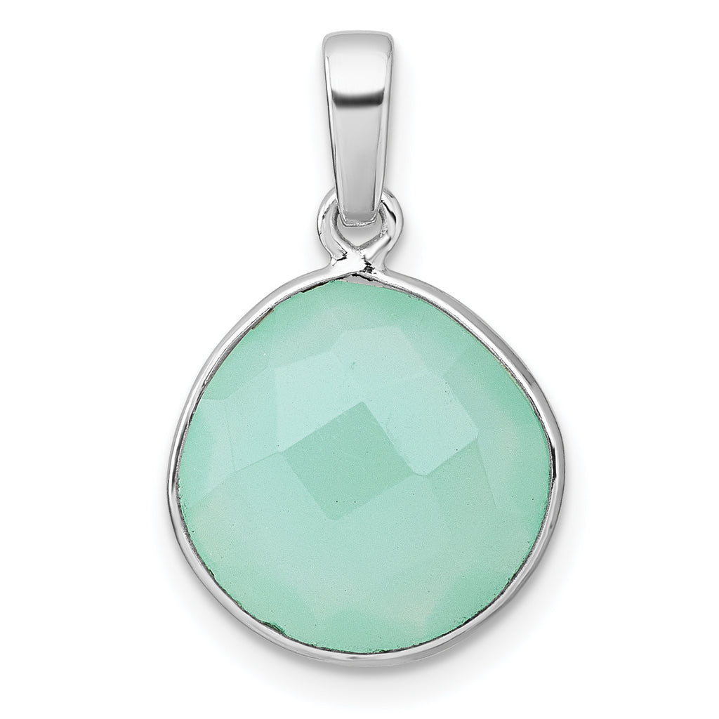 Sterling Silver Rhodium-plated Polished Round Checker-cut Green Chalcedony Pendant