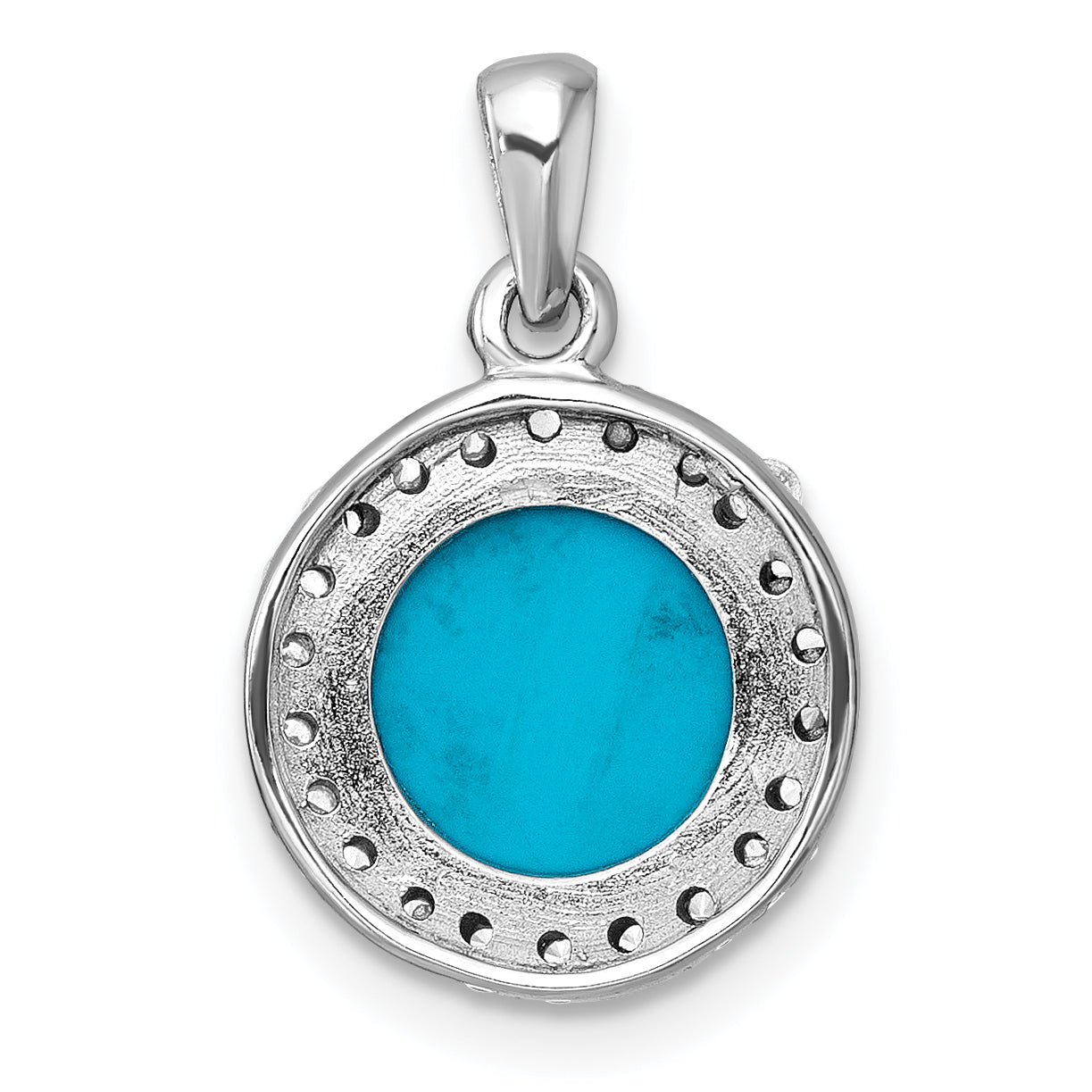 Sterling Silver Rhodium-plated Polished CZ Halo and Reconstituted Turquoise Cabochon Circle Pendant