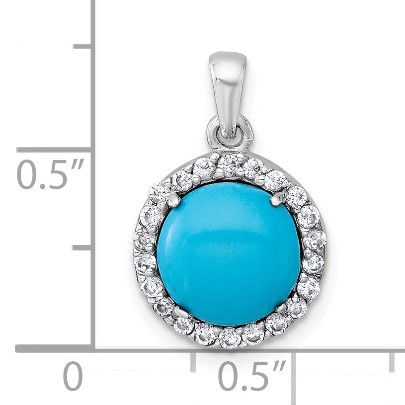 Sterling Silver Rhodium-plated Polished CZ Halo and Reconstituted Turquoise Cabochon Circle Pendant