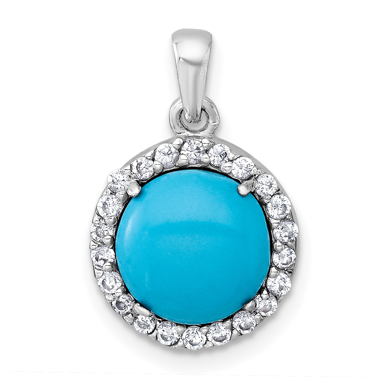 Sterling Silver Rhodium-plated Polished CZ Halo and Reconstituted Turquoise Cabochon Circle Pendant Main image