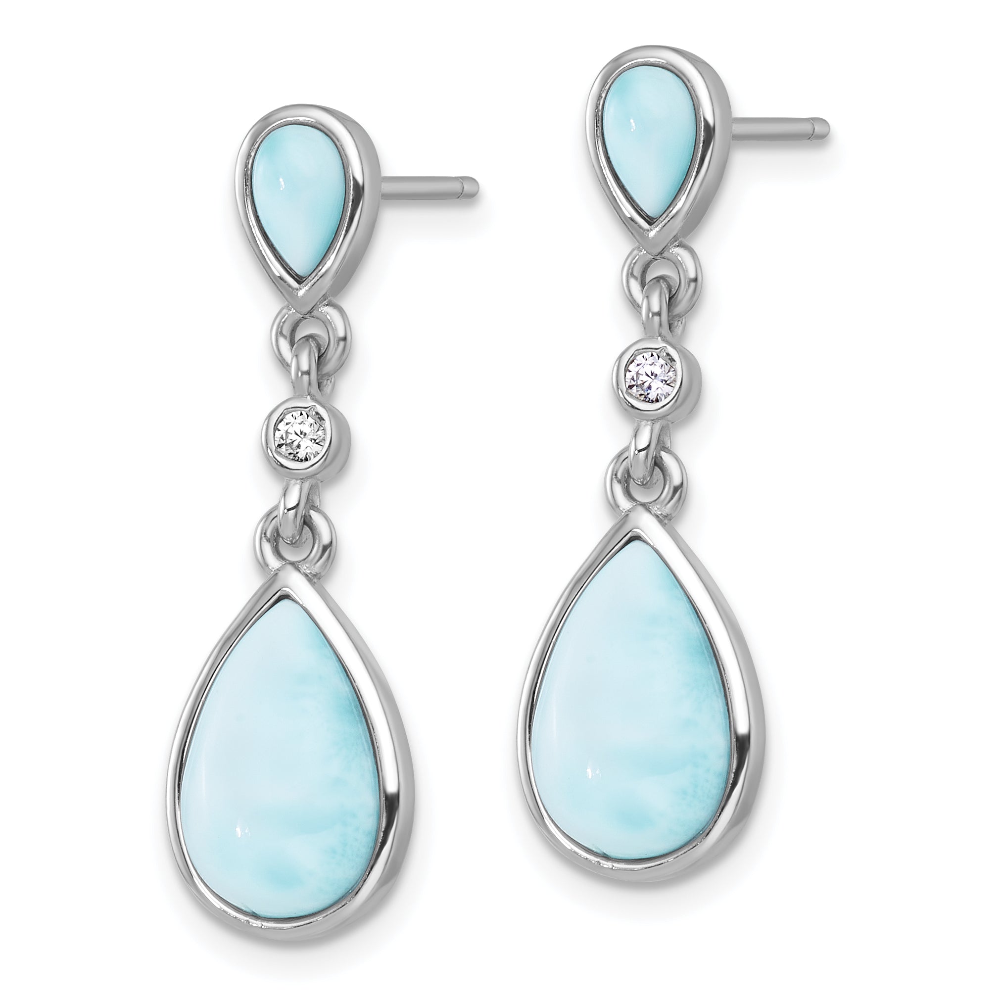 Sterling Silver Rhodium-plated Polished Pear Larimar Cabochon and CZ Teardrop Dangle Post Earrings Secondary image