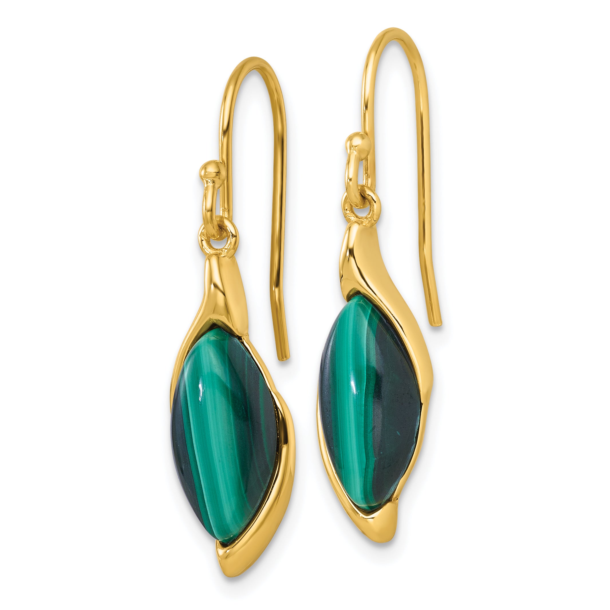 Sterling Silver Gold-Tone Polished Fancy Marquise Malachite Cabochon Dangle Shepherd Hook Earrings Secondary image