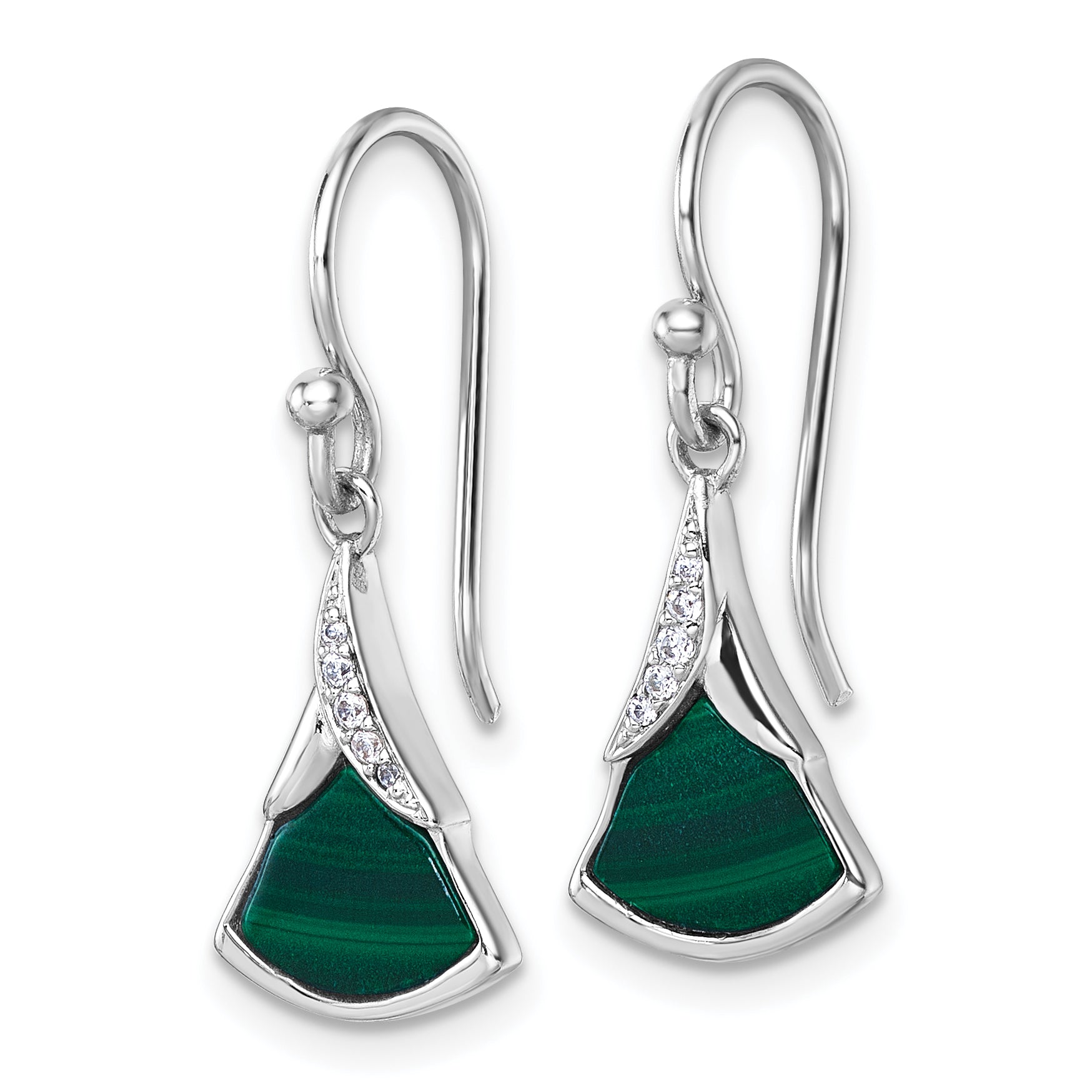 Sterling Silver Rhodium-plated Polished White CZ and Malachite Fan Dangle Shepherd Hook Earrings Secondary image