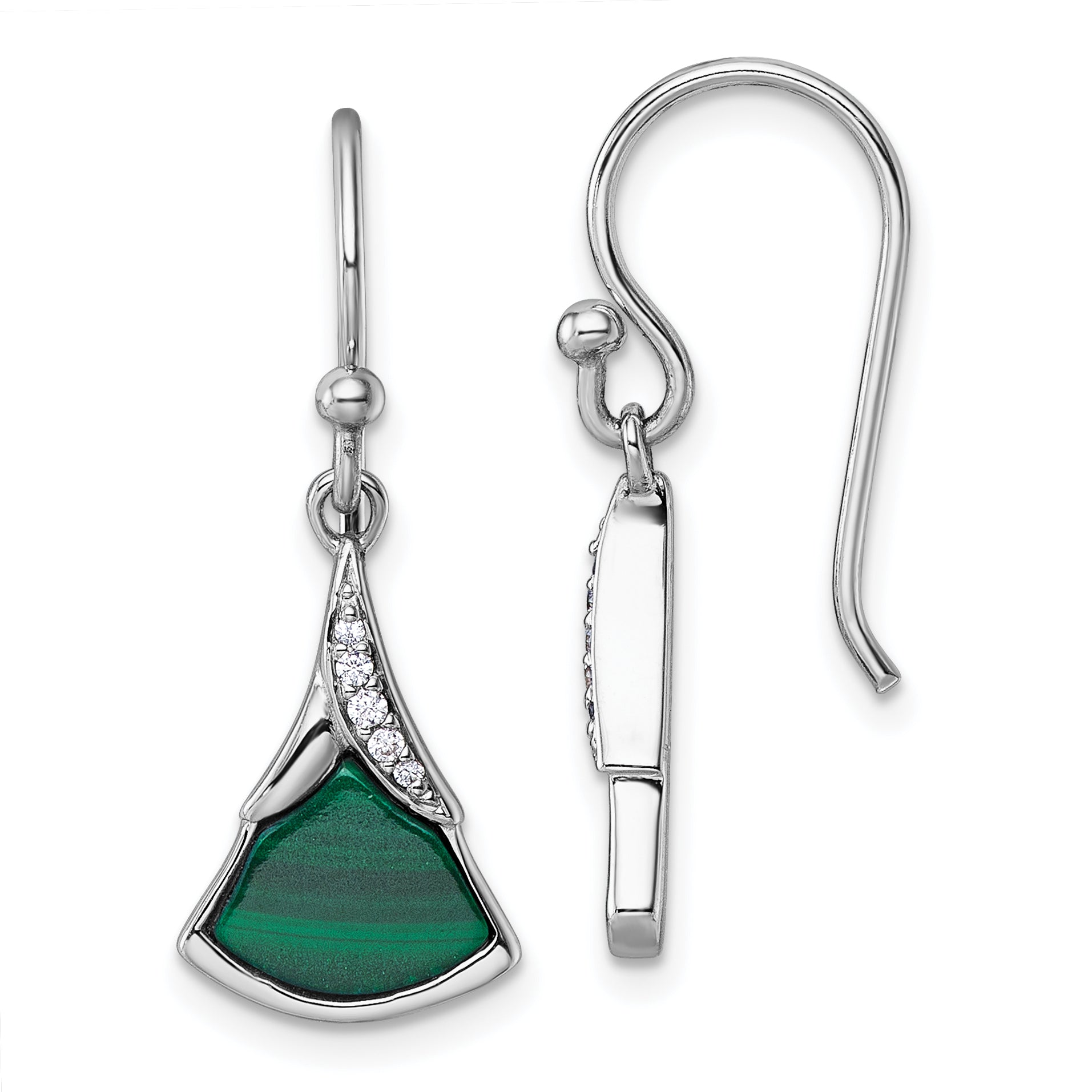 Sterling Silver Rhodium-plated Polished White CZ and Malachite Fan Dangle Shepherd Hook Earrings Main image