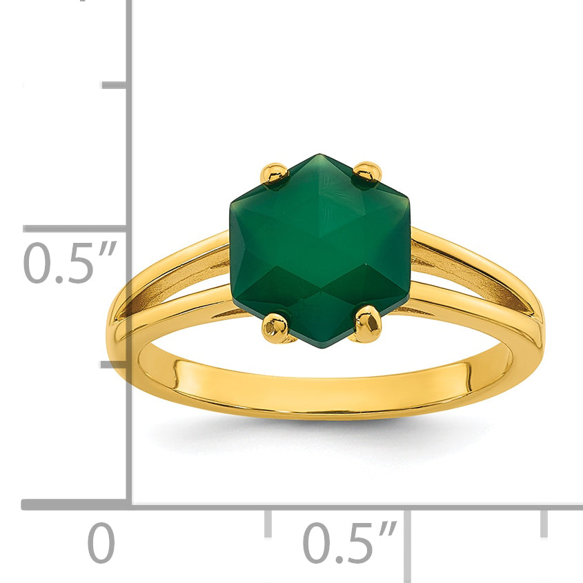 Sterling Silver Gold-tone Polished Hexagon Green Chalcedony Size 8 Ring