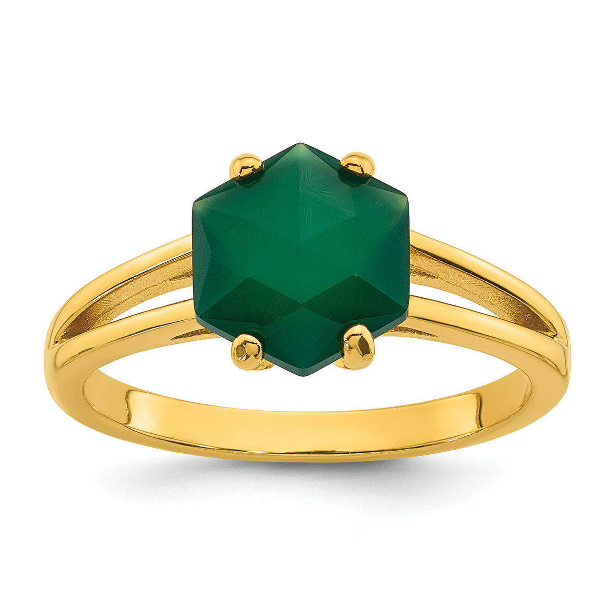 Sterling Silver Gold-tone Polished Hexagon Green Chalcedony Size 8 Ring