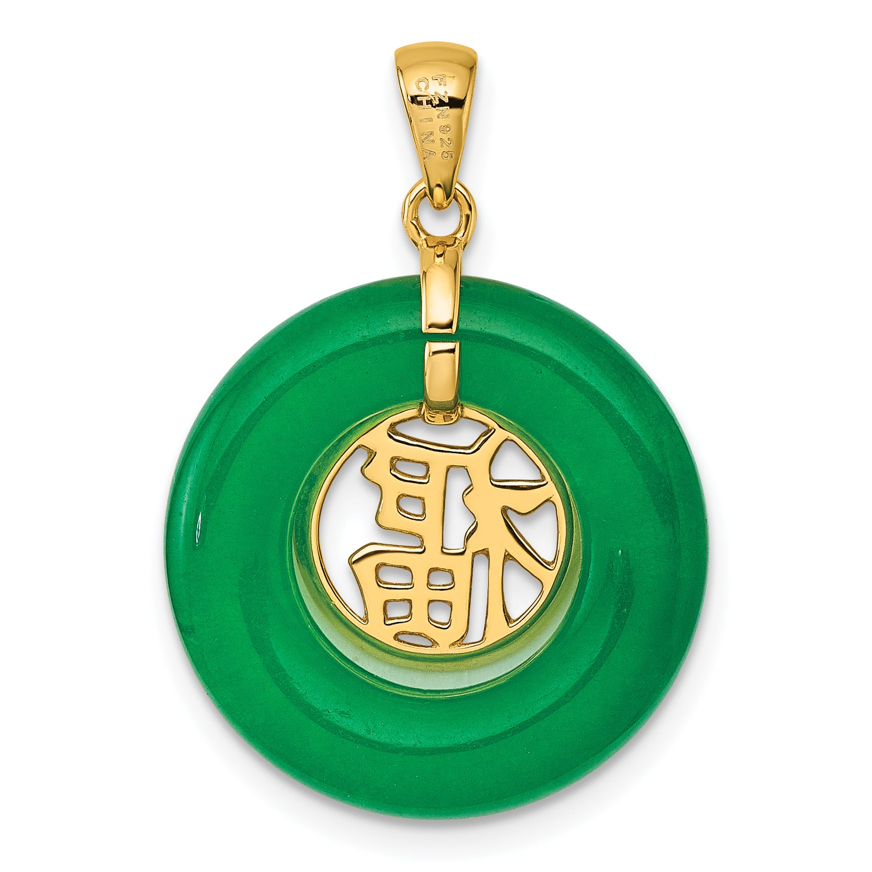 Sterling Silver Gold-tone Polished Good Luck Dangle Green Chalcedony Circle Pendant