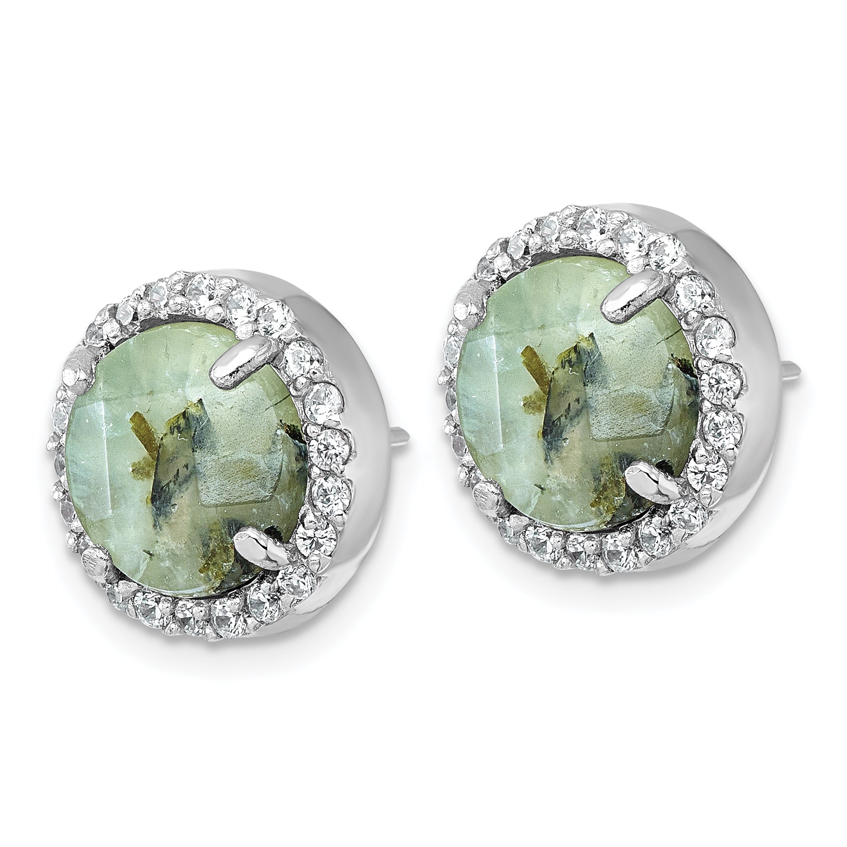 Sterling Silver Rhodium-plated Polished CZ Halo and Faceted Prehnite Circle Post Earrings Secondary image