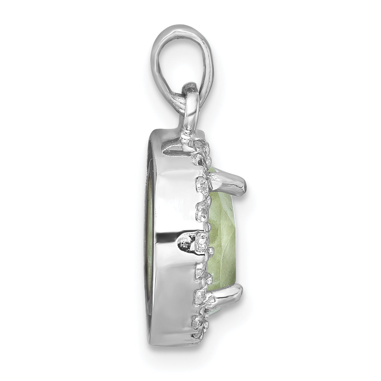 Sterling Silver Rhodium-plated Polished CZ Halo and Faceted Prehnite Circle Pendant Secondary image