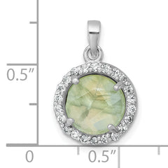 Sterling Silver Rhodium-plated Polished CZ Halo and Faceted Prehnite Circle Pendant