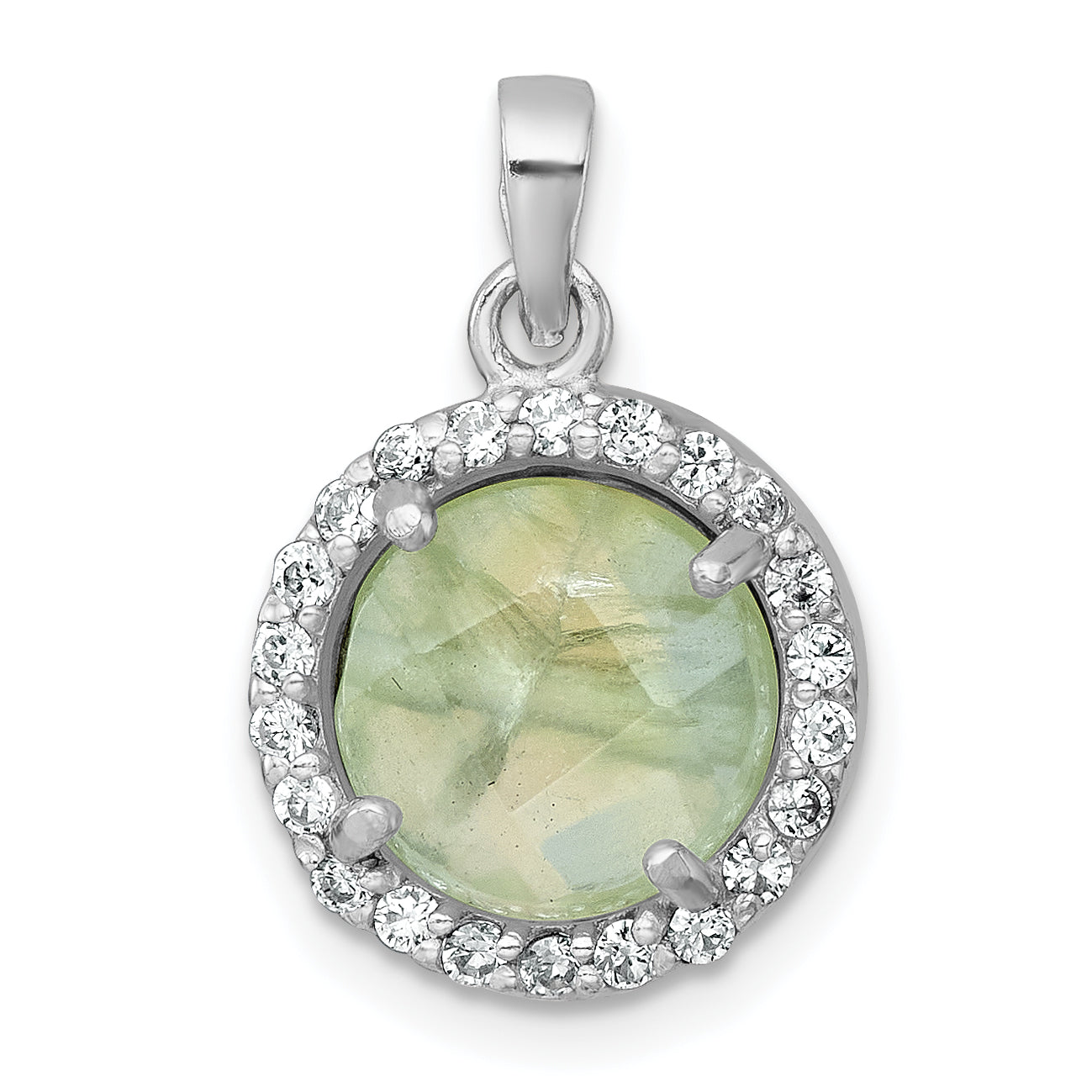 Sterling Silver Rhodium-plated Polished CZ Halo and Faceted Prehnite Circle Pendant Main image