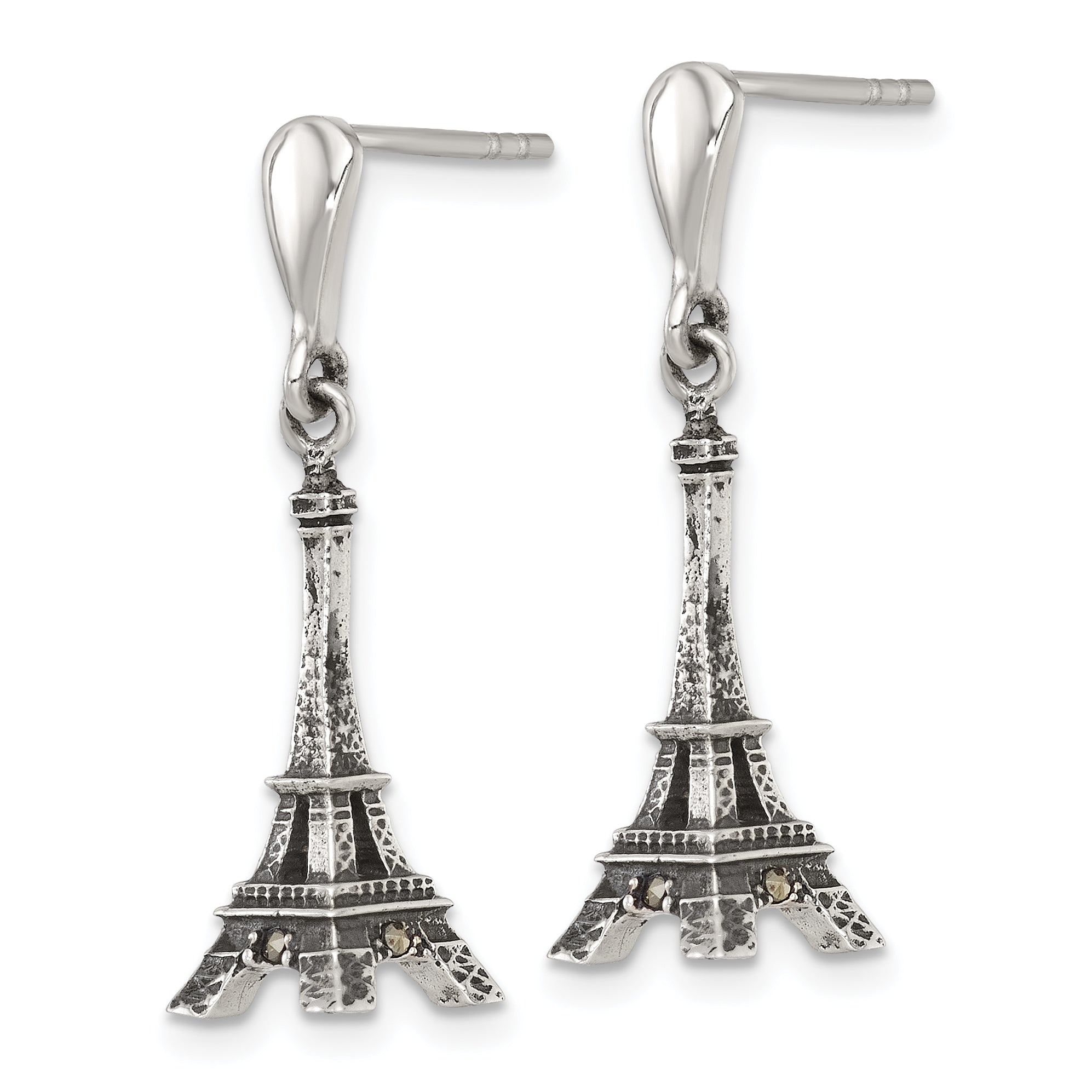 Sterling Silver Antiqued Marcasite 3-D Eiffel Tower Dangle Post Earrings Secondary image