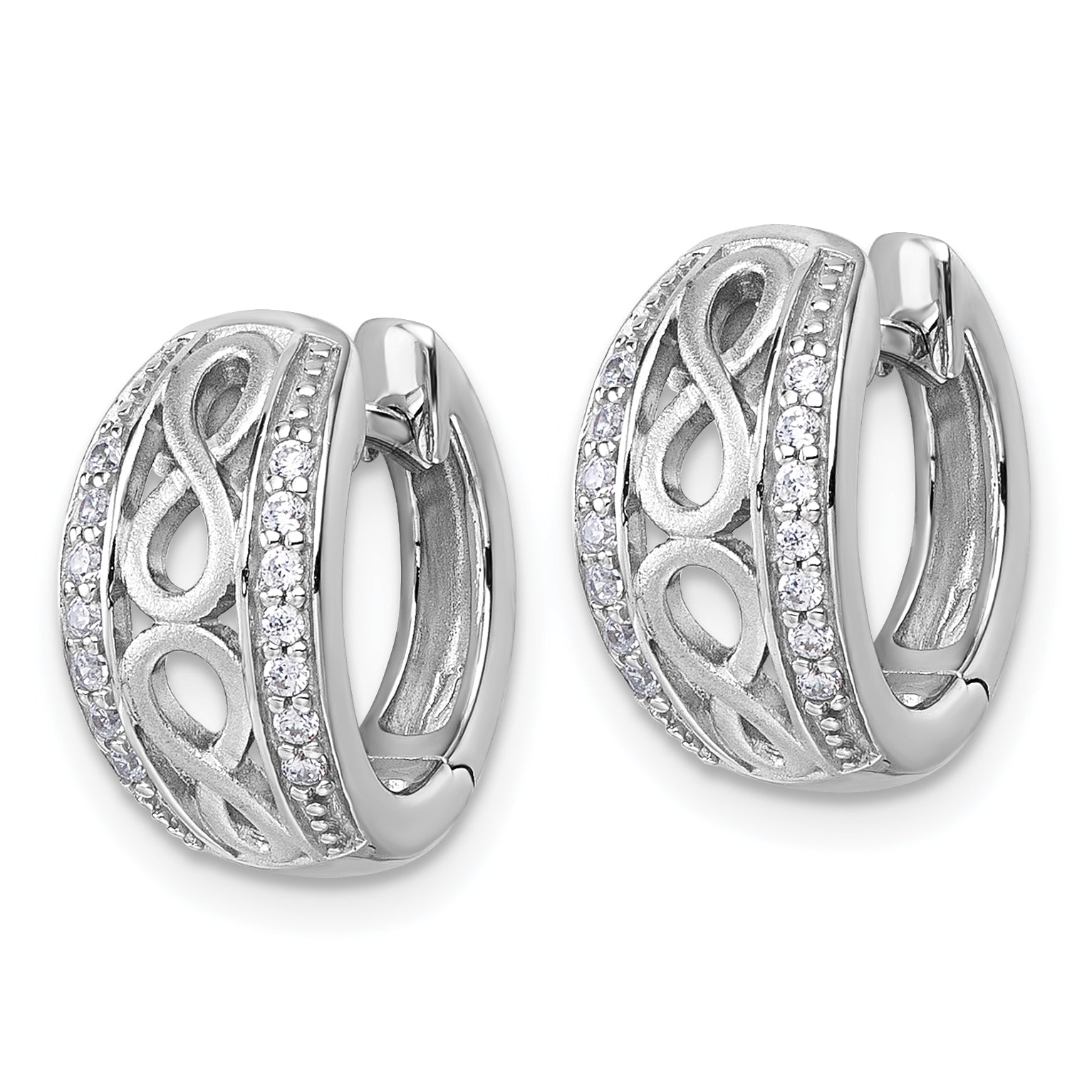 Sterling Silver Rhodium-plated Polished and Satin CZ Infinity Round Hinged Hoop Earrings Secondary image