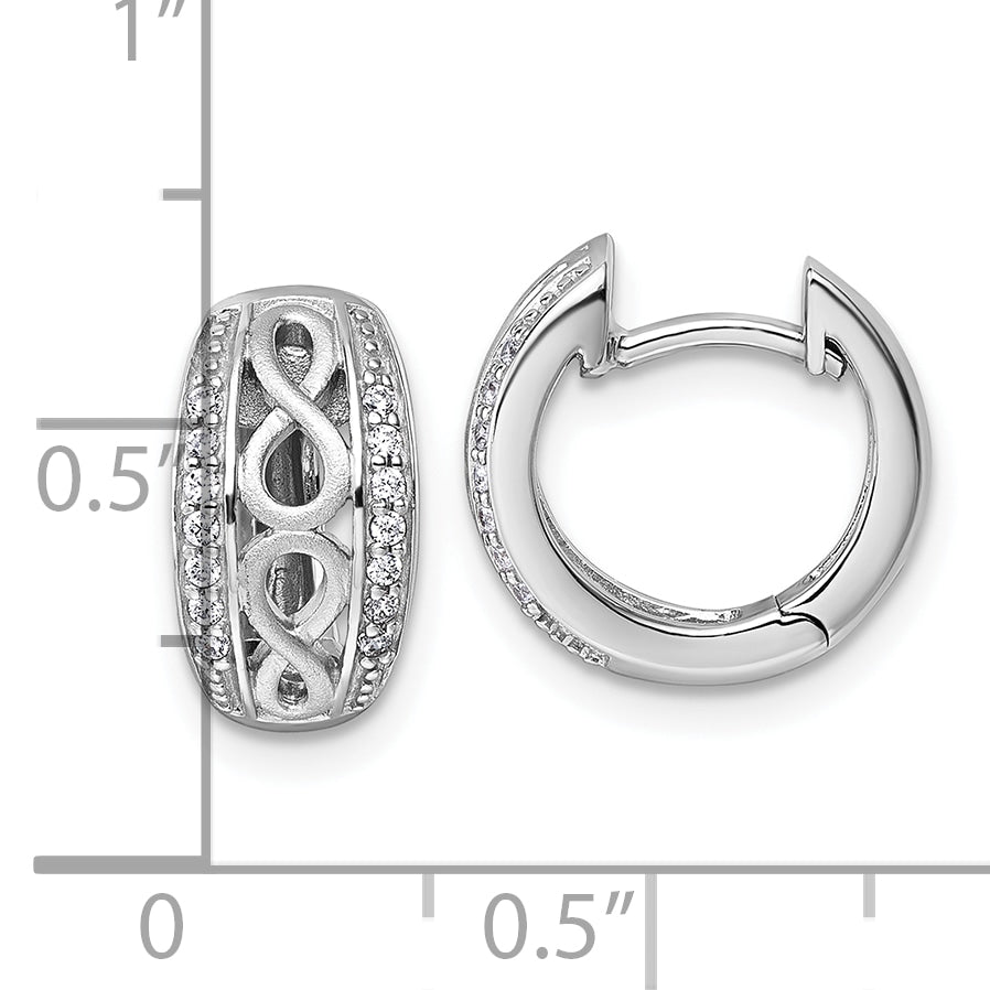 Sterling Silver Rhodium-plated Polished and Satin CZ Infinity Round Hinged Hoop Earrings