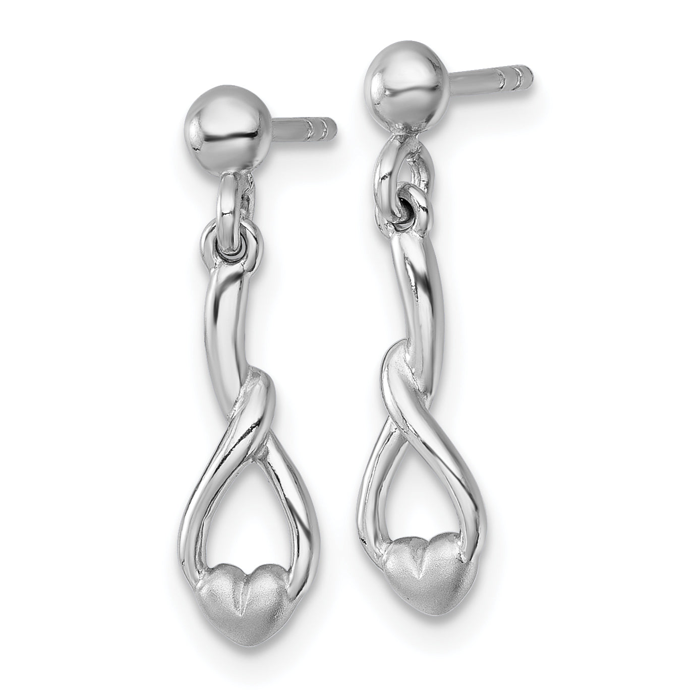 Sterling Silver Rhodium-plated Polished and Brushed Fancy Teardrop Heart Dangle Post Earrings Secondary image