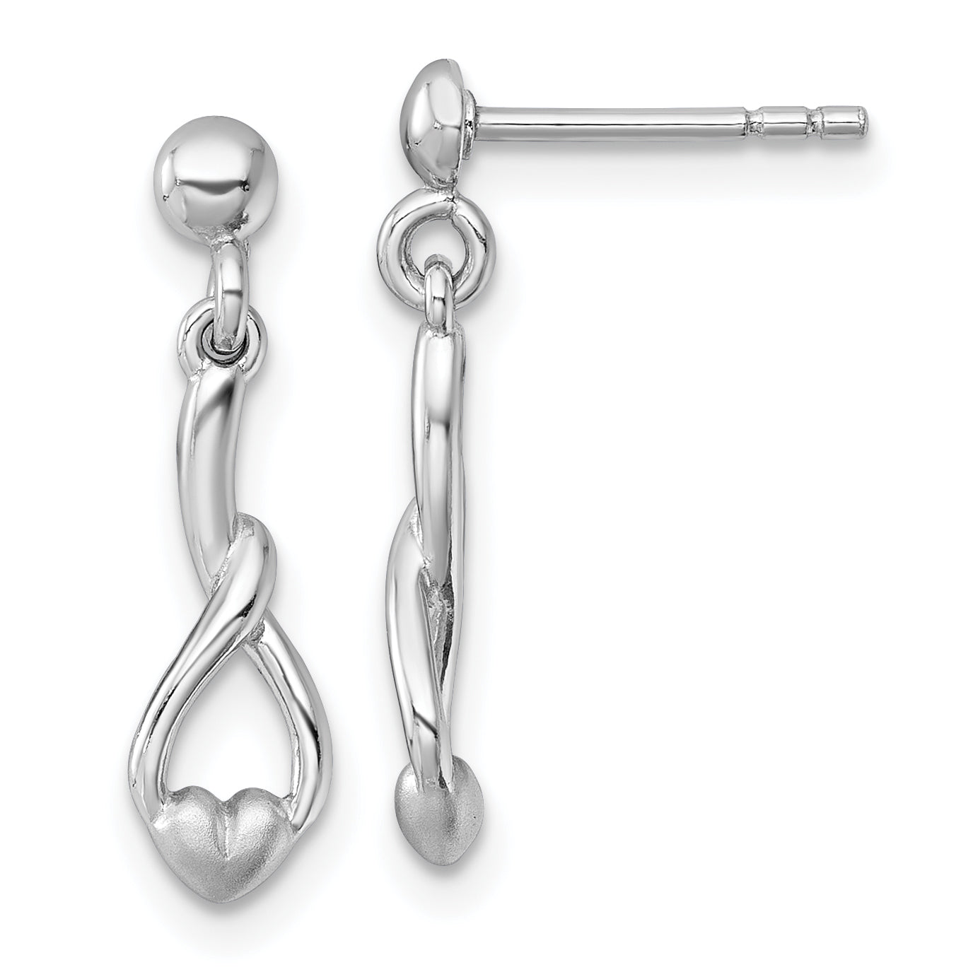 Sterling Silver Rhodium-plated Polished and Brushed Fancy Teardrop Heart Dangle Post Earrings Main image