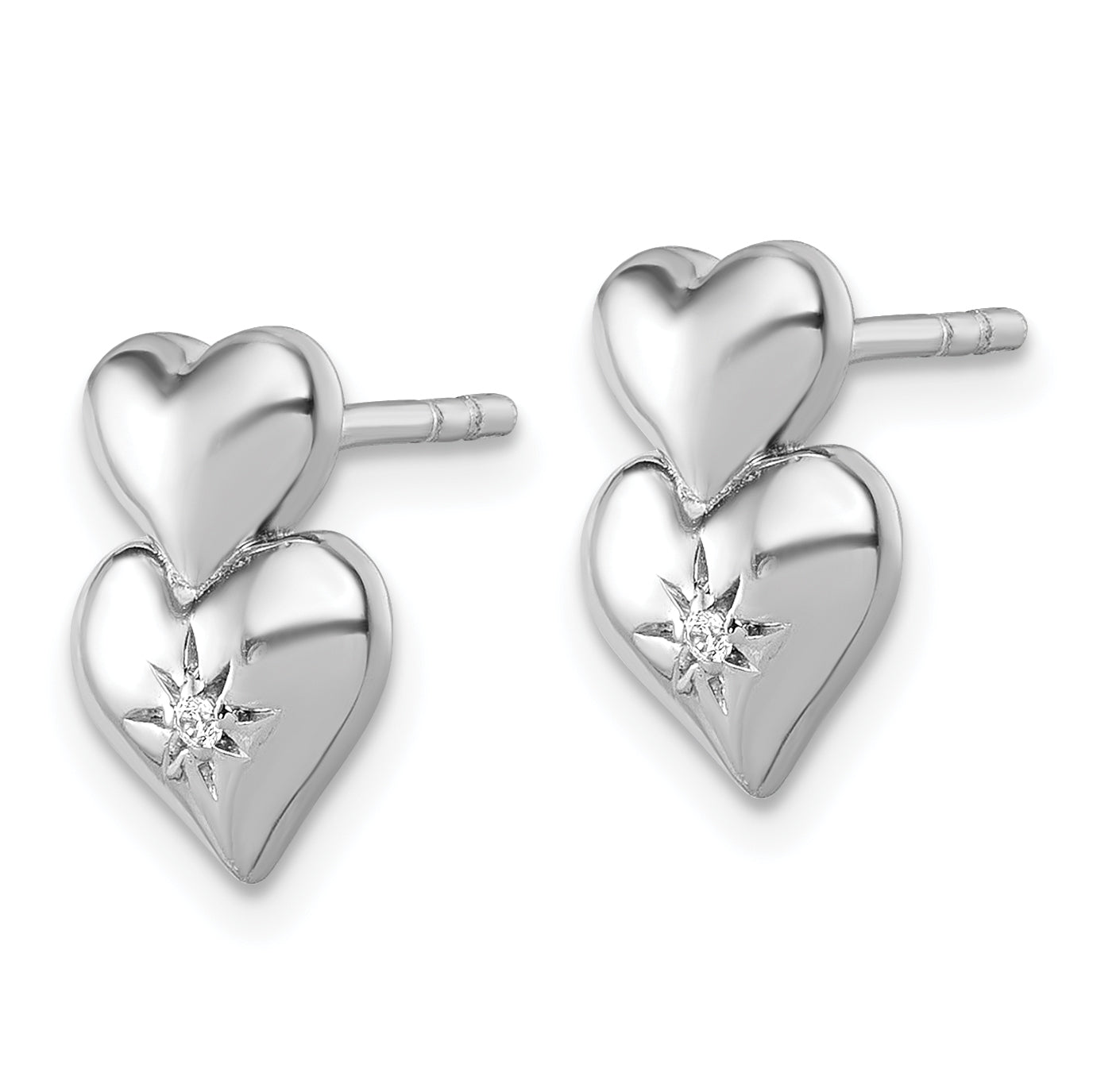 Sterling Silver Rhodium-plated Polished White CZ Double Heart Post Earrings Secondary image