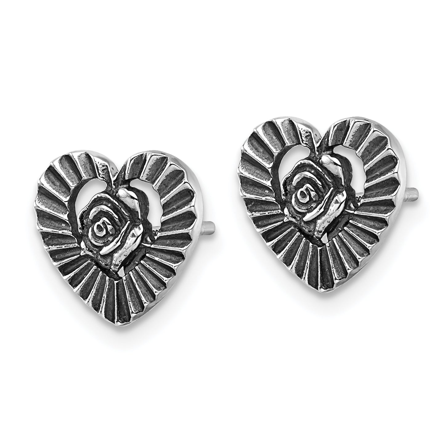 Sterling Silver Antiqued Polished Open Heart With Flower Post Earrings Secondary image