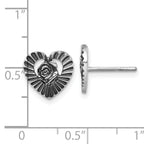 Sterling Silver Antiqued Polished Open Heart With Flower Post Earrings