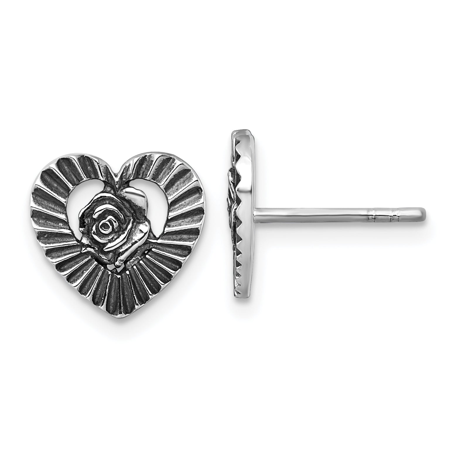 Sterling Silver Antiqued Polished Open Heart With Flower Post Earrings Main image
