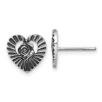 Sterling Silver Antiqued Polished Open Heart With Flower Post Earrings