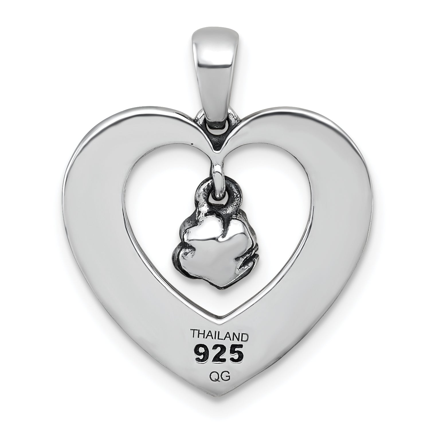 Sterling Silver Antiqued Polished Open Heart With Dangling Flower Pendant