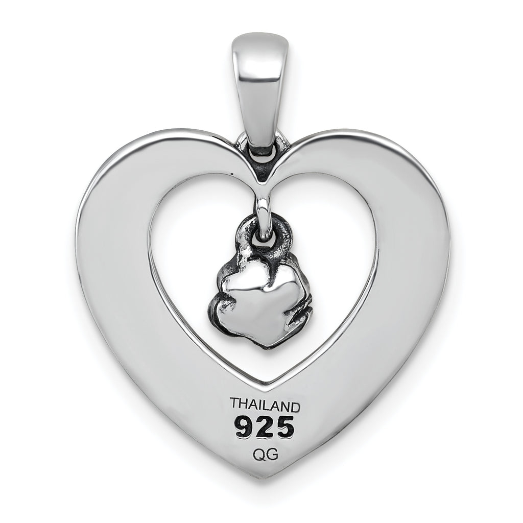 Sterling Silver Antiqued Polished Open Heart With Dangling Flower Pendant