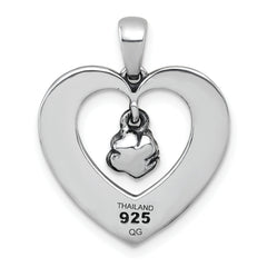 Sterling Silver Antiqued Polished Open Heart With Dangling Flower Pendant