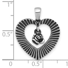 Sterling Silver Antiqued Polished Open Heart With Dangling Flower Pendant
