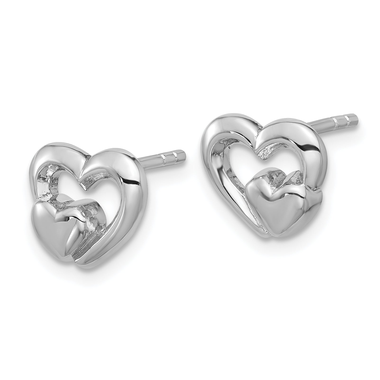 Sterling Silver Rhodium-plated Polished Heart Inside Heart Post Earrings Secondary image
